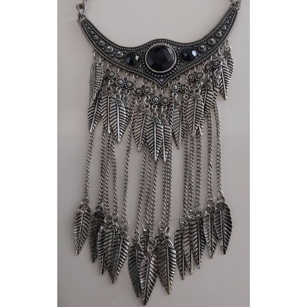 Unique Silver & Black Crystal Necklace with Leaf Design Dangles - Picture 2 of 3